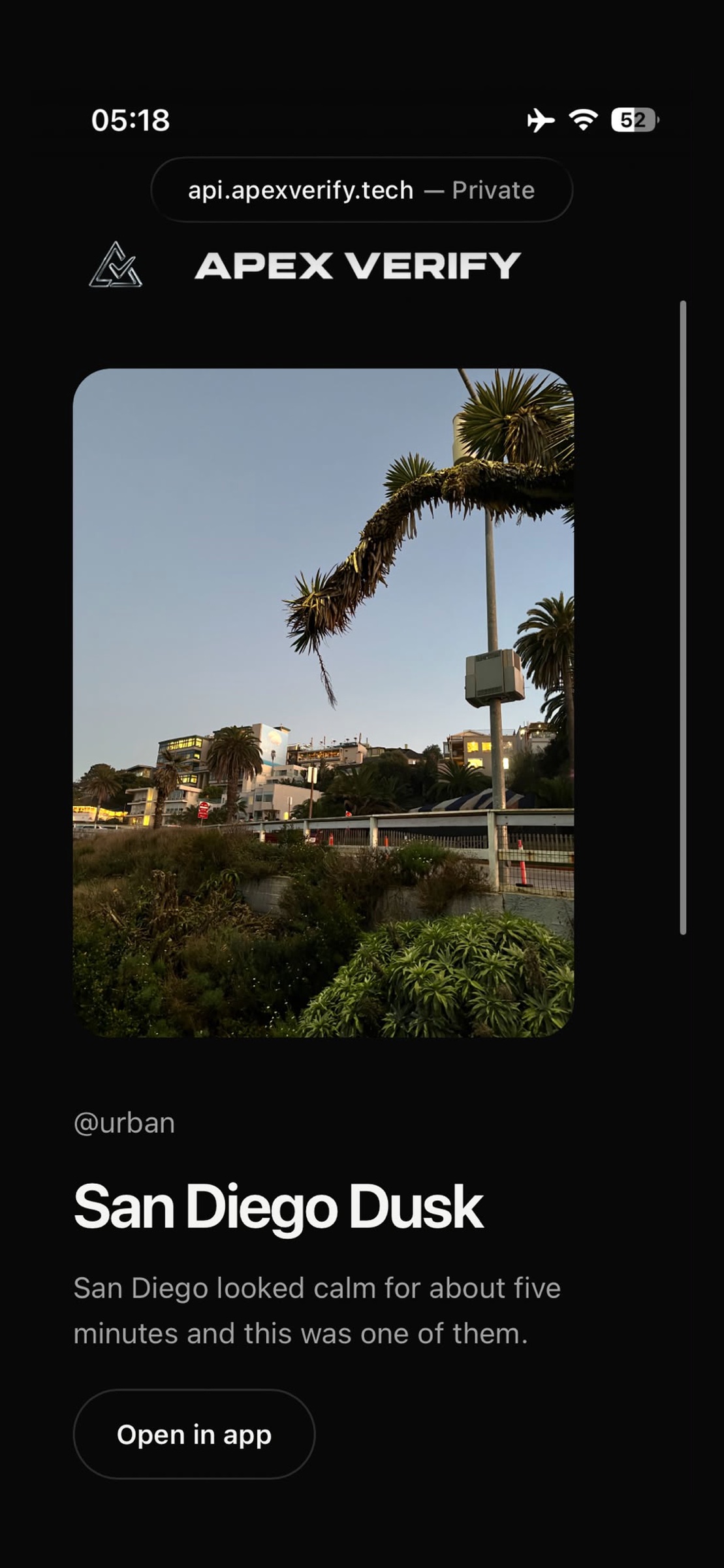 The public verify page for San Diego Dusk by @urban at api.apexverify.tech