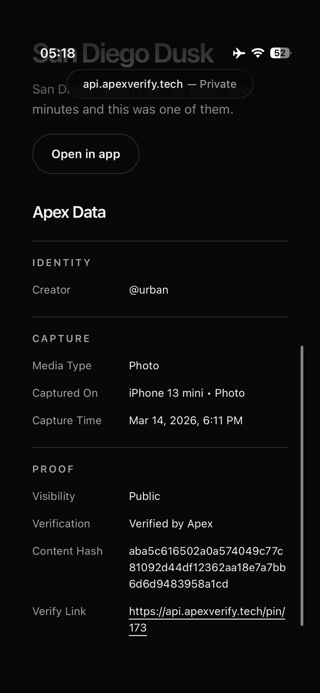 A real Apex Data record on the web for San Diego Dusk by @urban: creator, iPhone 13 mini, capture time, content hash and verify link
